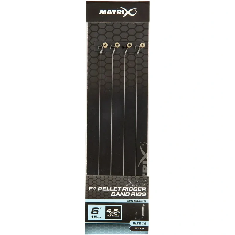X5 F1 Pellet Rigger Band Rigs 6" Barbless – 15 cm Onderlijnen met Bait Band en Zonder Weerhaak (8 stuks)