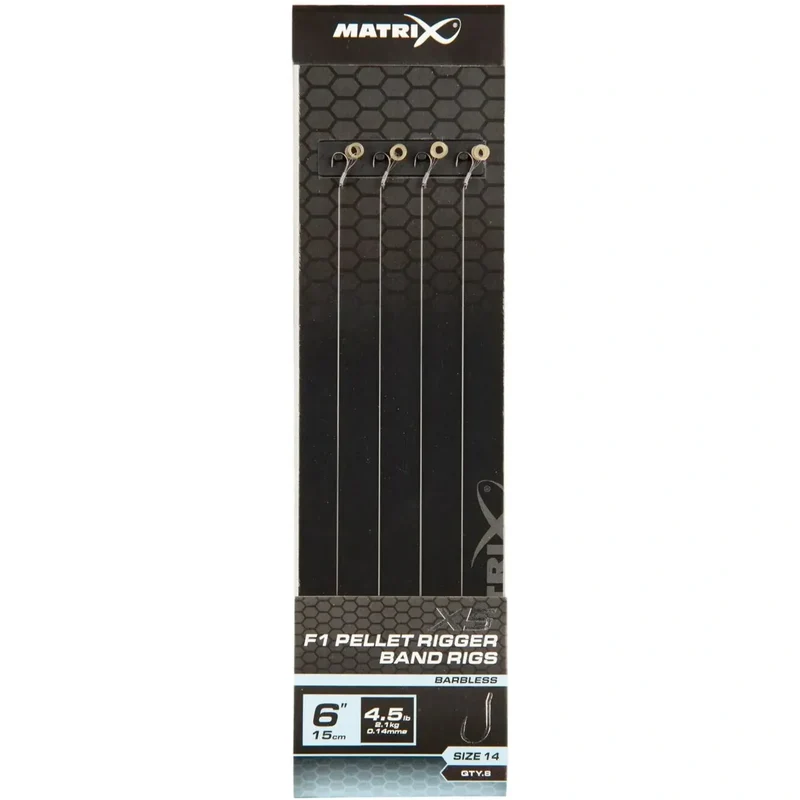 X5 F1 Pellet Rigger Band Rigs 6" Barbless – 15 cm Onderlijnen met Bait Band en Zonder Weerhaak (8 stuks)