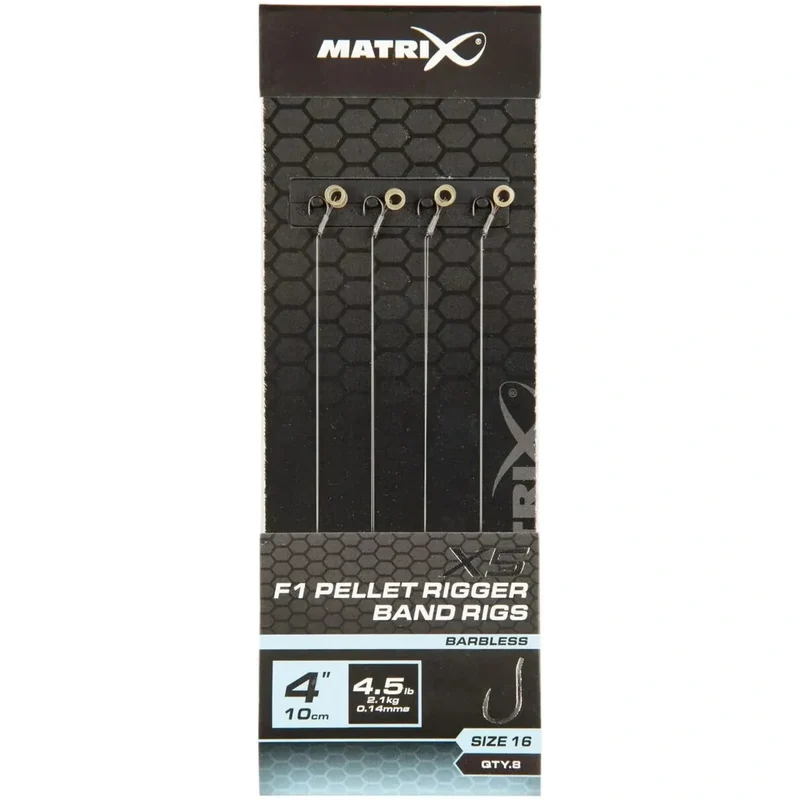 X5 F1 Pellet Rigger Band Rigs 4" Barbless – 10 cm Onderlijnen met Bait Band en Zonder Weerhaak (8 stuks)