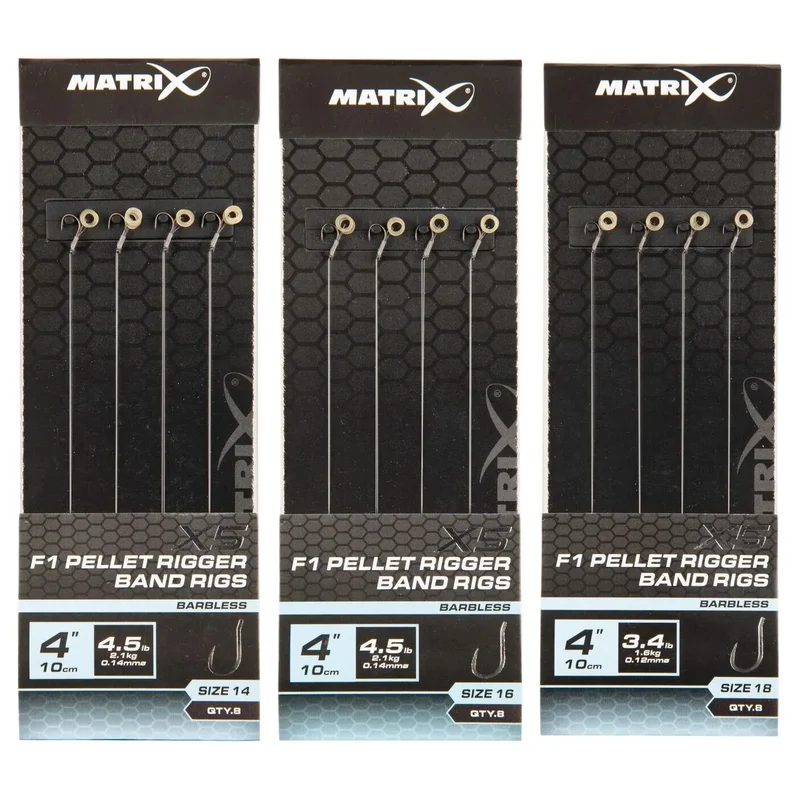 X5 F1 Pellet Rigger Band Rigs 4" Barbless – 10 cm Onderlijnen met Bait Band en Zonder Weerhaak (8 stuks)