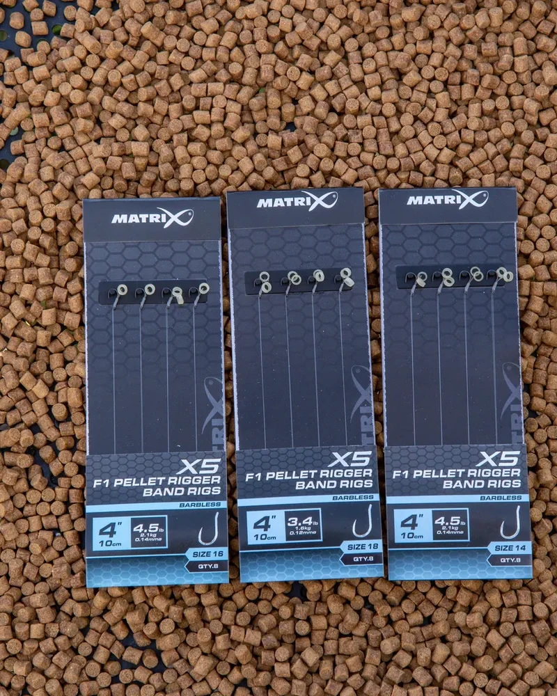 X5 F1 Pellet Rigger Band Rigs 4" Barbless – 10 cm Onderlijnen met Bait Band en Zonder Weerhaak (8 stuks)
