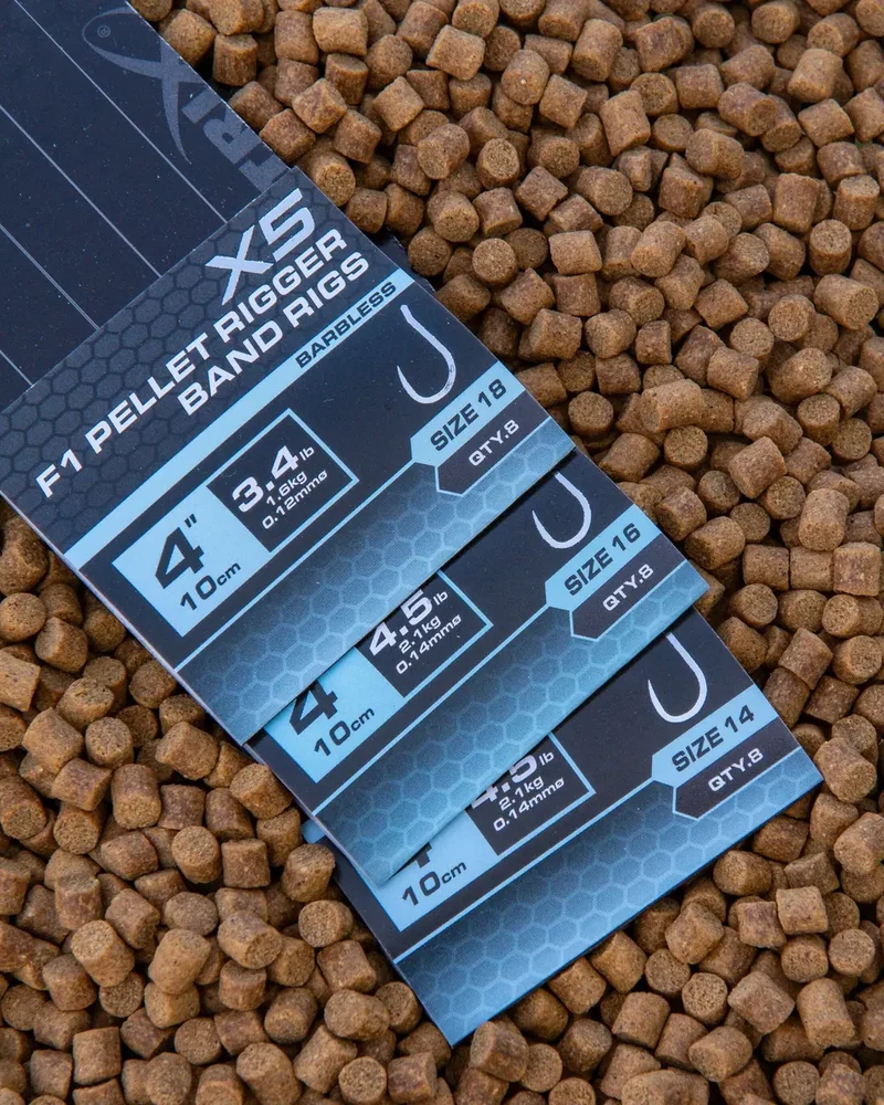 X5 F1 Pellet Rigger Band Rigs 4" Barbless – 10 cm Onderlijnen met Bait Band en Zonder Weerhaak (8 stuks)