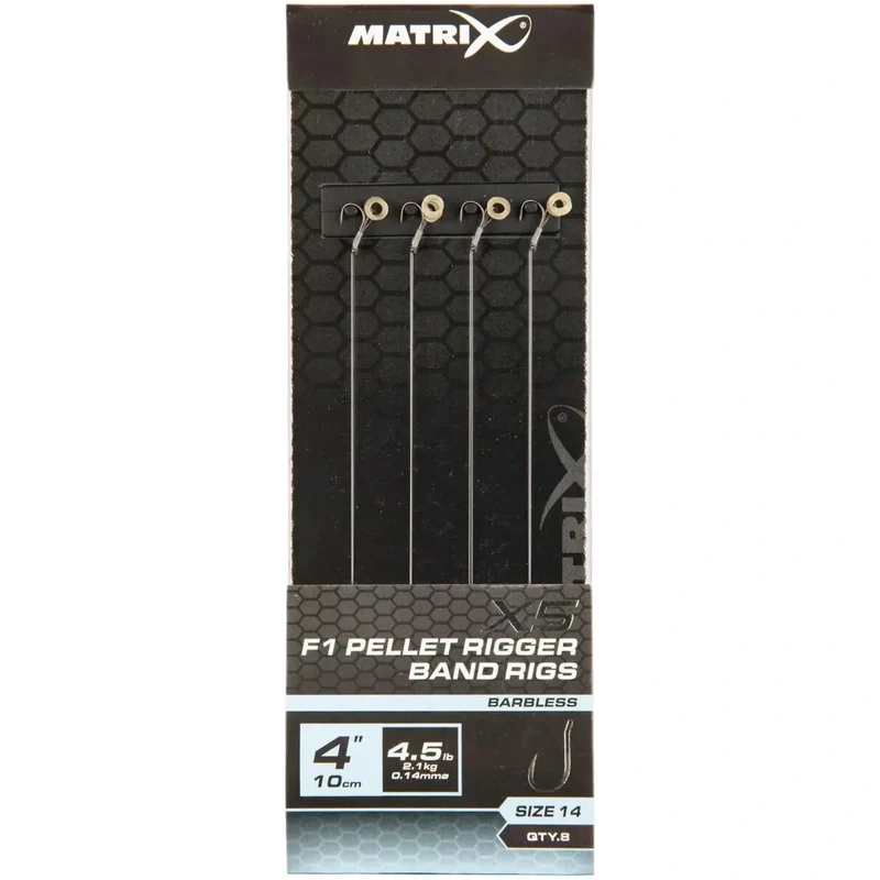 X5 F1 Pellet Rigger Band Rigs 4" Barbless – 10 cm Onderlijnen met Bait Band en Zonder Weerhaak (8 stuks)