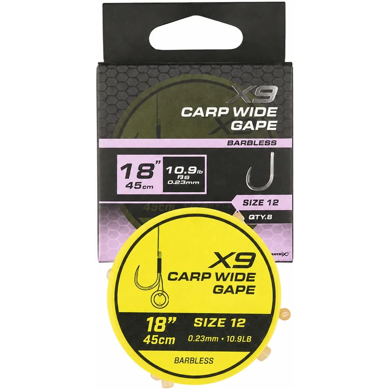X9 Carp Wide Gape Band Rigs 18" Barbless – 45 cm Onderlijnen met Bait Band en Zonder Weerhaak (8 stuks)