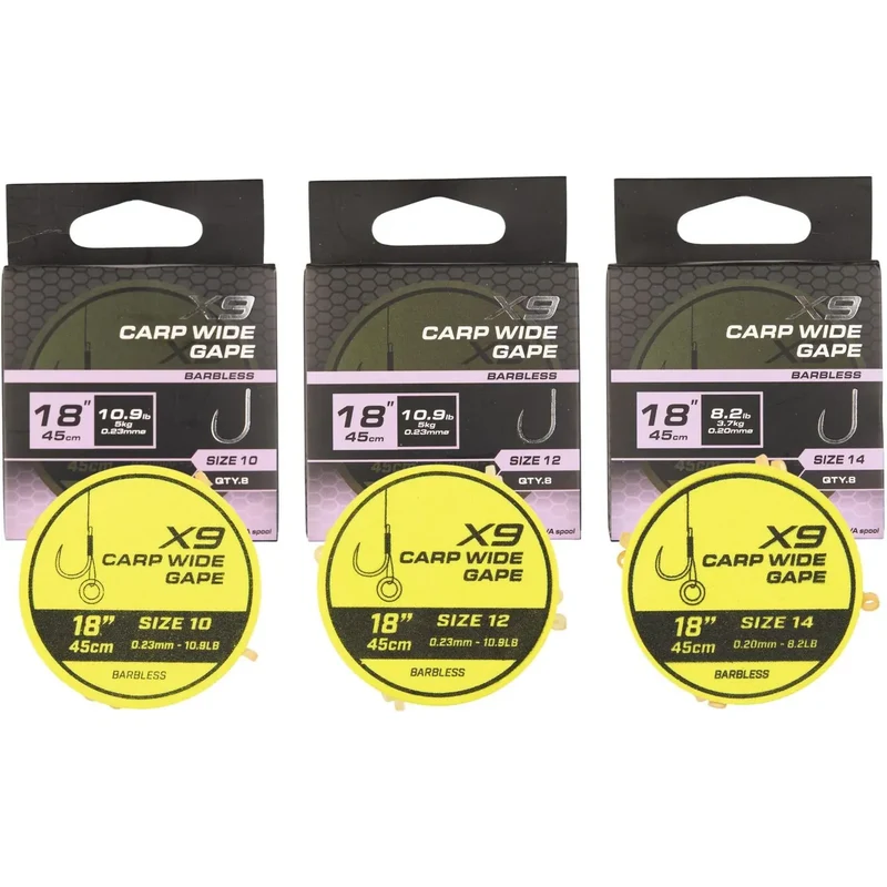 X9 Carp Wide Gape Band Rigs 18" Barbless – 45 cm Onderlijnen met Bait Band en Zonder Weerhaak (8 stuks)