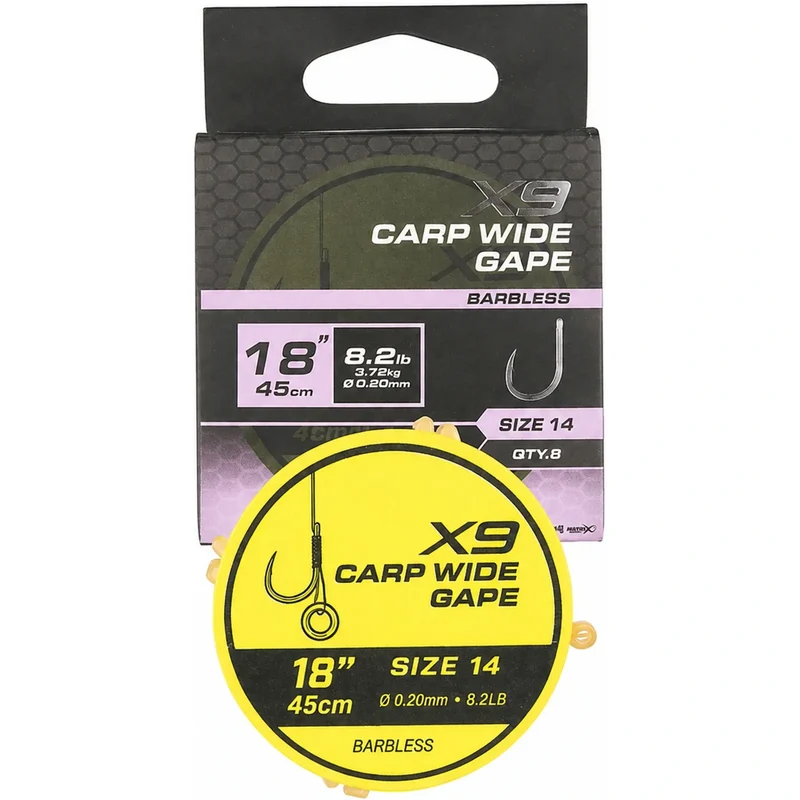 X9 Carp Wide Gape Band Rigs 18" Barbless – 45 cm Onderlijnen met Bait Band en Zonder Weerhaak (8 stuks)