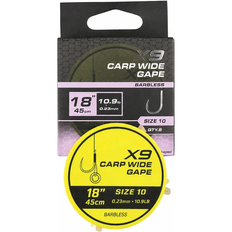 X9 Carp Wide Gape Band Rigs 18" Barbless – 45 cm Onderlijnen met Bait Band en Zonder Weerhaak (8 stuks)