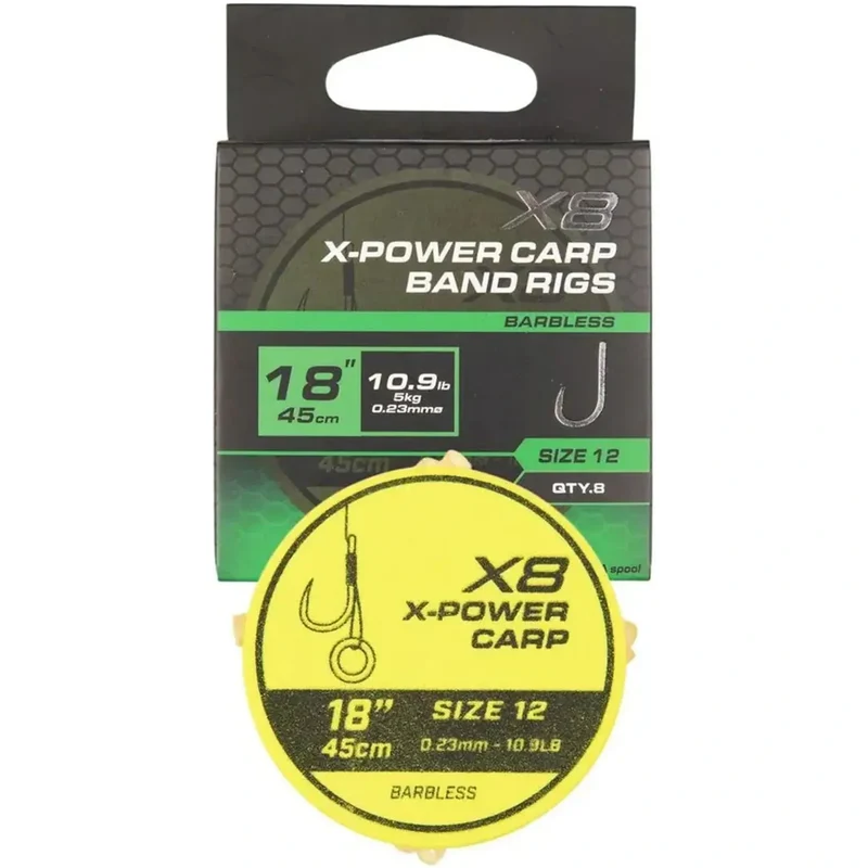 X8 X-Power Carp Band Rigs 18" Barbless – 45 cm Onderlijnen met Bait Band en Zonder Weerhaak (8 stuks)
