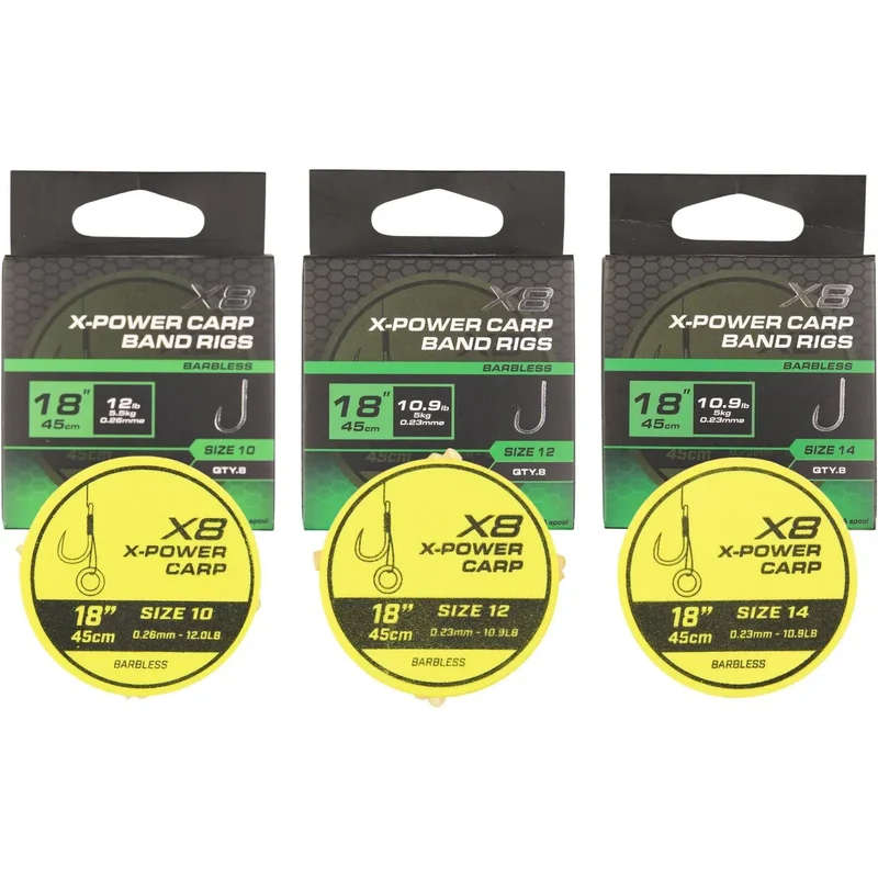 X8 X-Power Carp Band Rigs 18" Barbless – 45 cm Onderlijnen met Bait Band en Zonder Weerhaak (8 stuks)