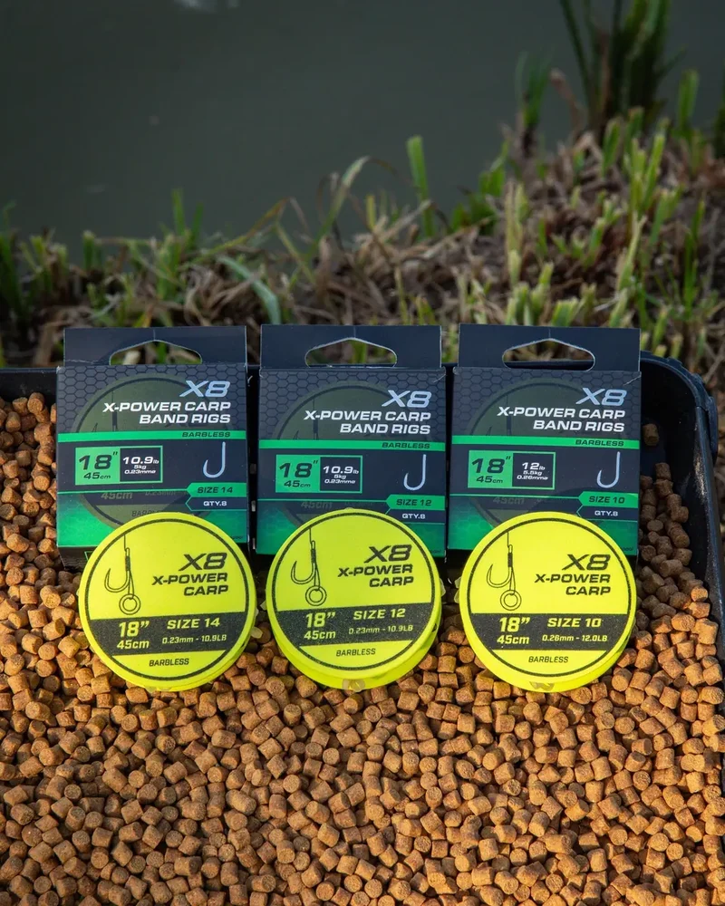 X8 X-Power Carp Band Rigs 18" Barbless – 45 cm Onderlijnen met Bait Band en Zonder Weerhaak (8 stuks)