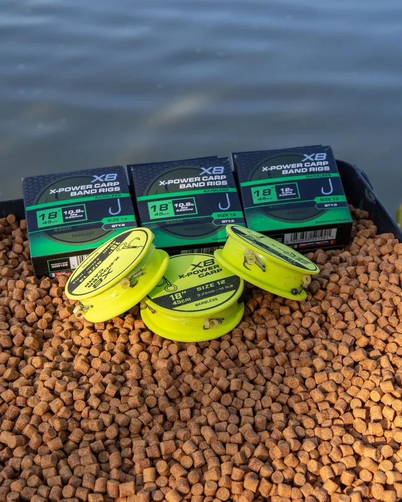 X8 X-Power Carp Band Rigs 18" Barbless – 45 cm Onderlijnen met Bait Band en Zonder Weerhaak (8 stuks)
