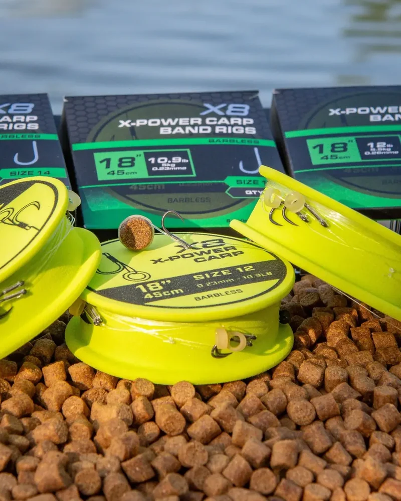 X8 X-Power Carp Band Rigs 18" Barbless – 45 cm Onderlijnen met Bait Band en Zonder Weerhaak (8 stuks)