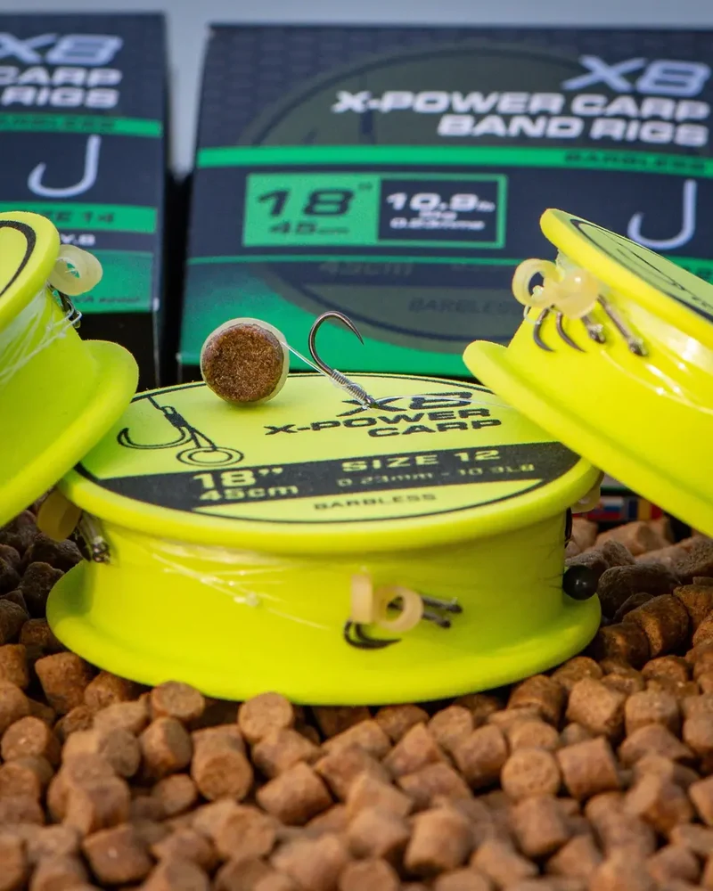 X8 X-Power Carp Band Rigs 18" Barbless – 45 cm Onderlijnen met Bait Band en Zonder Weerhaak (8 stuks)