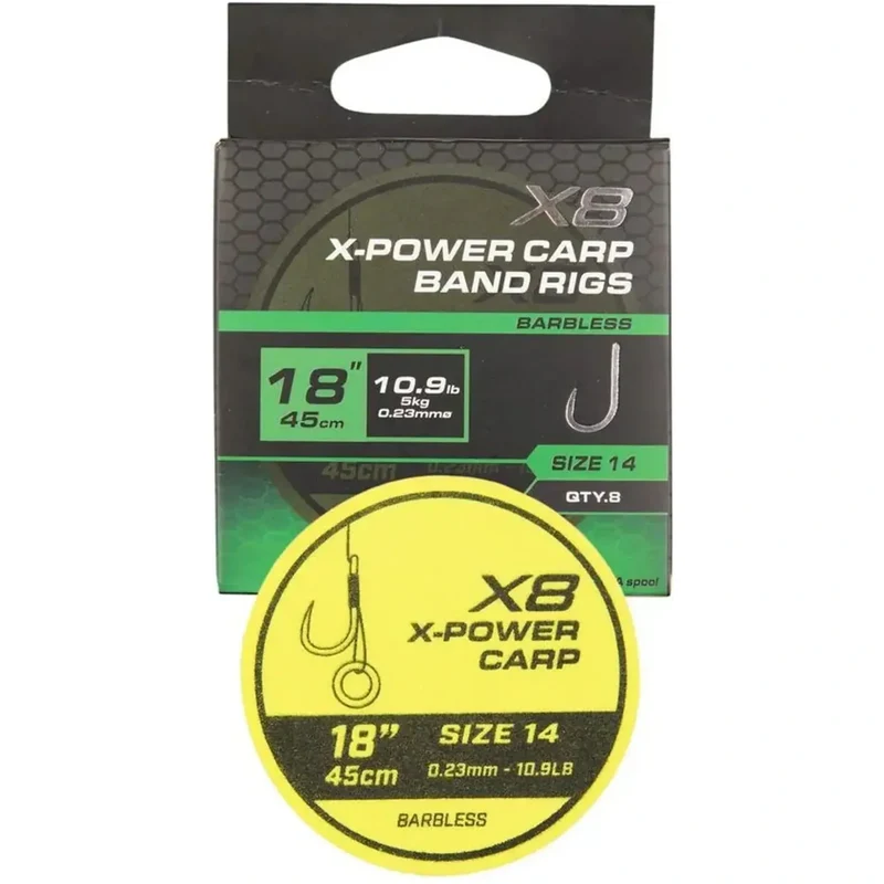 X8 X-Power Carp Band Rigs 18" Barbless – 45 cm Onderlijnen met Bait Band en Zonder Weerhaak (8 stuks)
