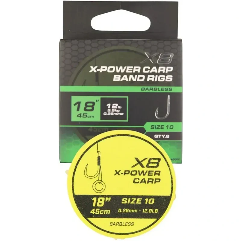X8 X-Power Carp Band Rigs 18" Barbless – 45 cm Onderlijnen met Bait Band en Zonder Weerhaak (8 stuks)