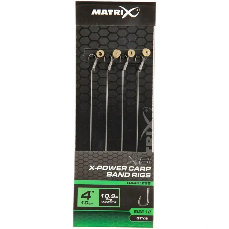 X8 X-Power Carp Band Rigs 4" Barbless – 10 cm Onderlijnen met Bait Band en Zonder Weerhaak (8 stuks)