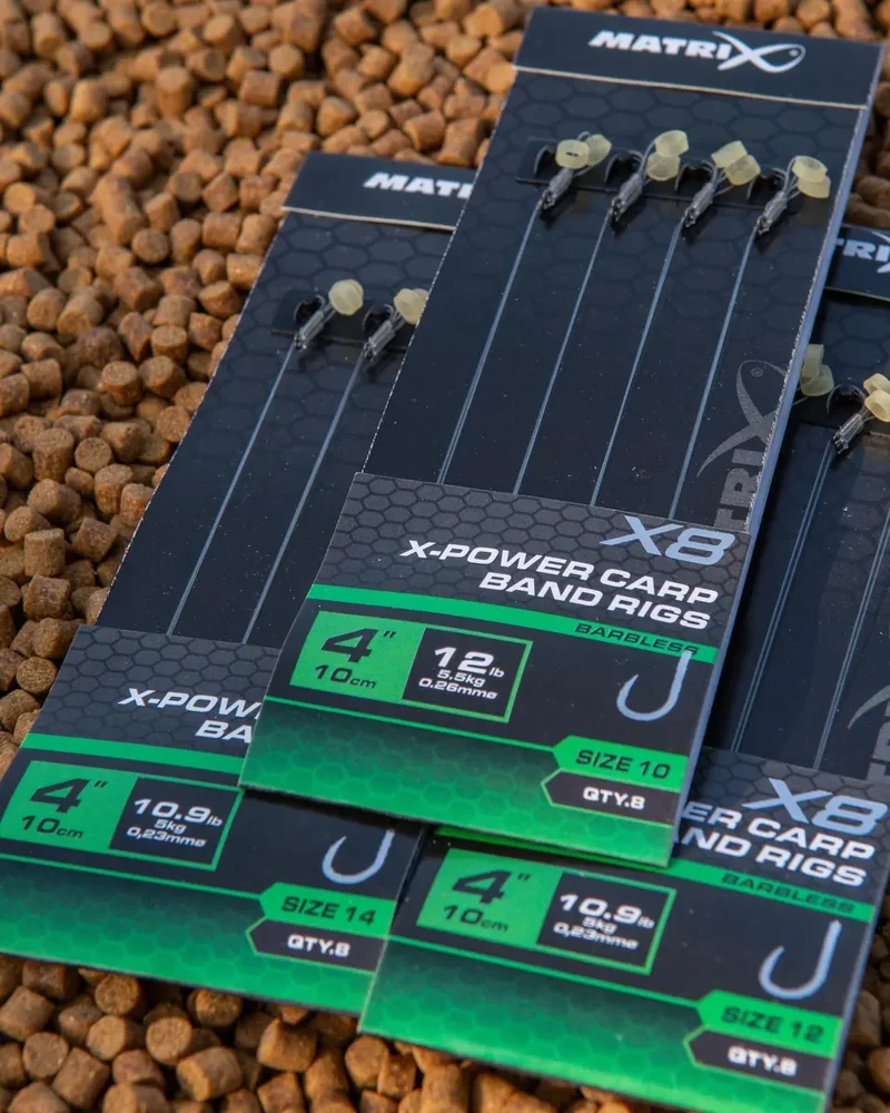 X8 X-Power Carp Band Rigs 4" Barbless – 10 cm Onderlijnen met Bait Band en Zonder Weerhaak (8 stuks)