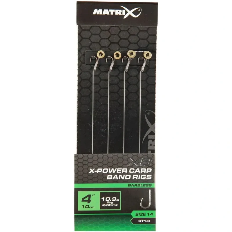 X8 X-Power Carp Band Rigs 4" Barbless – 10 cm Onderlijnen met Bait Band en Zonder Weerhaak (8 stuks)