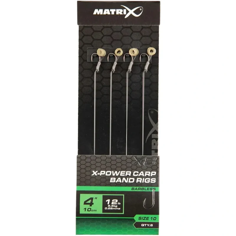 X8 X-Power Carp Band Rigs 4" Barbless – 10 cm Onderlijnen met Bait Band en Zonder Weerhaak (8 stuks)