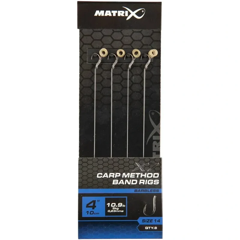 X7 Carp Method Band Rigs 4" Barbless – 10 cm Methodonderlijnen met Bait Band en Zonder Weerhaak (8 stuks)