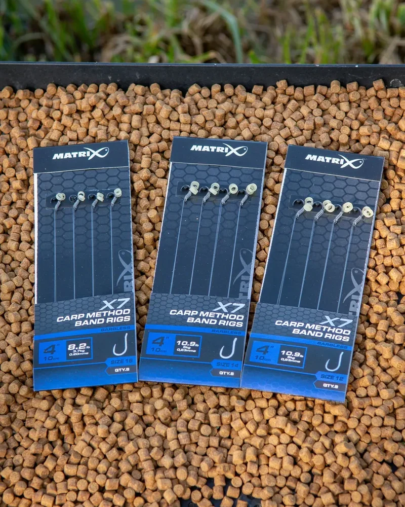 X7 Carp Method Band Rigs 4" Barbless – 10 cm Methodonderlijnen met Bait Band en Zonder Weerhaak (8 stuks)