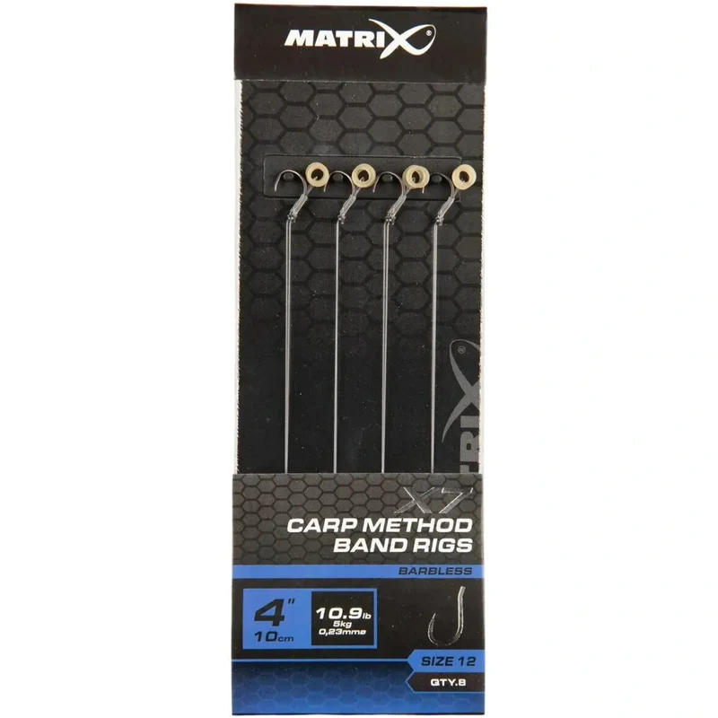 X7 Carp Method Band Rigs 4" Barbless – 10 cm Methodonderlijnen met Bait Band en Zonder Weerhaak (8 stuks)