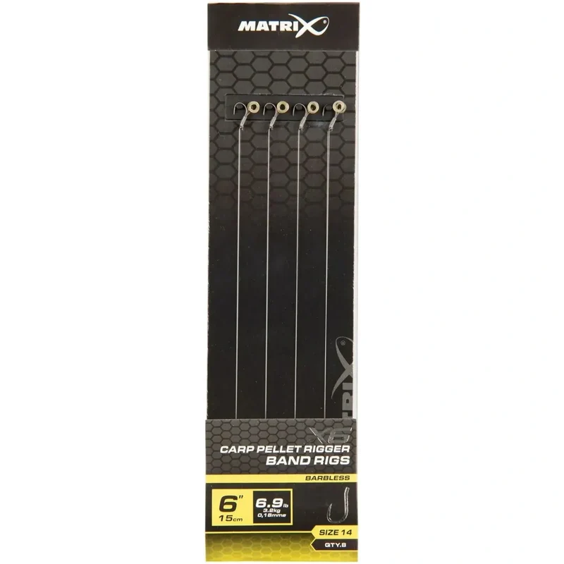 X6 Carp Pellet Rigger Band Rigs 6" Barbless – 15 cm Onderlijnen met Bait Band en Zonder Weerhaak (8 stuks)
