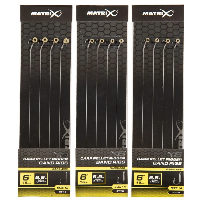 X6 Carp Pellet Rigger Band Rigs 6" Barbless – 15 cm Onderlijnen met Bait Band en Zonder Weerhaak (8 stuks)