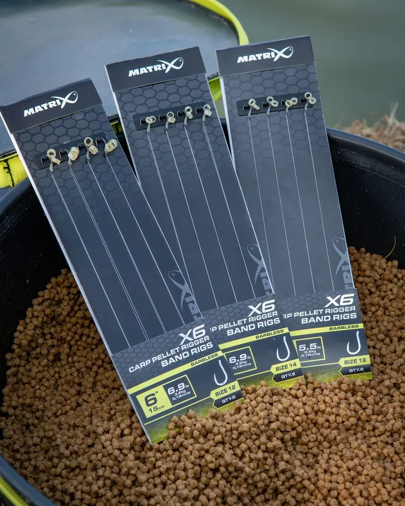 X6 Carp Pellet Rigger Band Rigs 6" Barbless – 15 cm Onderlijnen met Bait Band en Zonder Weerhaak (8 stuks)