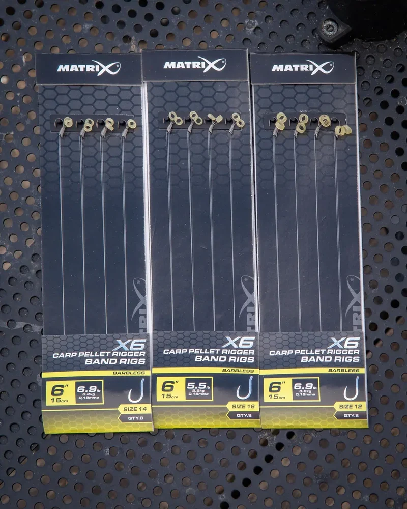 X6 Carp Pellet Rigger Band Rigs 6" Barbless – 15 cm Onderlijnen met Bait Band en Zonder Weerhaak (8 stuks)