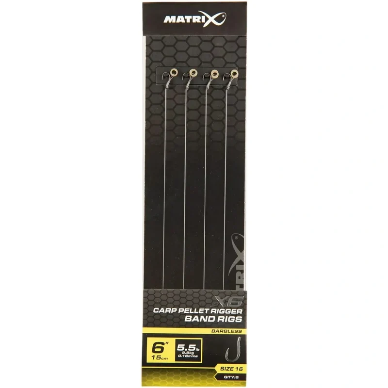 X6 Carp Pellet Rigger Band Rigs 6" Barbless – 15 cm Onderlijnen met Bait Band en Zonder Weerhaak (8 stuks)