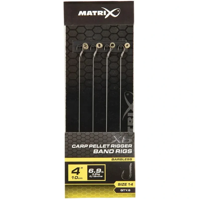 X6 Carp Pellet Rigger Band Rigs 4" Barbless – 10 cm Onderlijnen met Bait Band en Zonder Weerhaak (8 stuks)