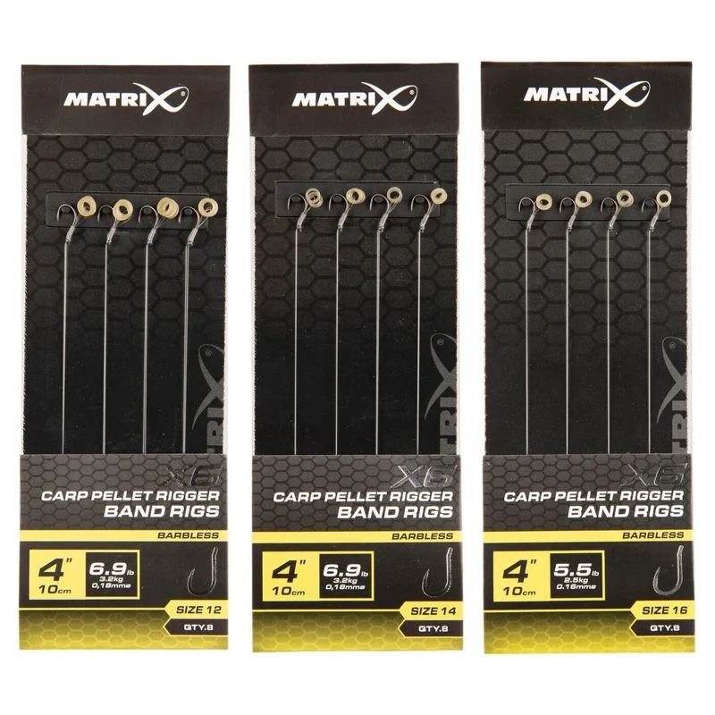 X6 Carp Pellet Rigger Band Rigs 4" Barbless – 10 cm Onderlijnen met Bait Band en Zonder Weerhaak (8 stuks)