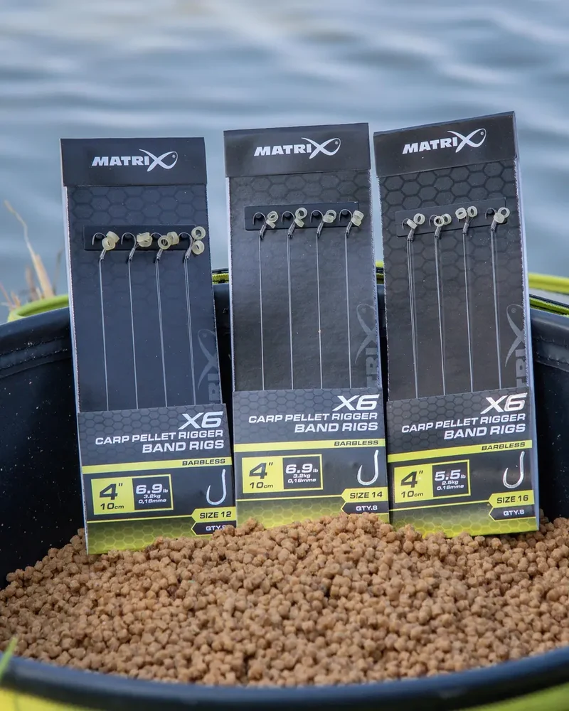 X6 Carp Pellet Rigger Band Rigs 4" Barbless – 10 cm Onderlijnen met Bait Band en Zonder Weerhaak (8 stuks)
