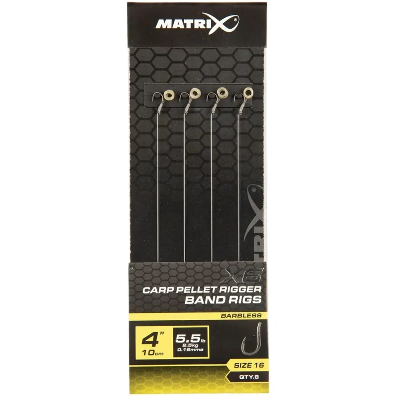 X6 Carp Pellet Rigger Band Rigs 4" Barbless – 10 cm Onderlijnen met Bait Band en Zonder Weerhaak (8 stuks)