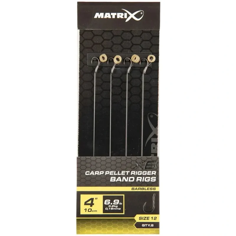 X6 Carp Pellet Rigger Band Rigs 4" Barbless – 10 cm Onderlijnen met Bait Band en Zonder Weerhaak (8 stuks)