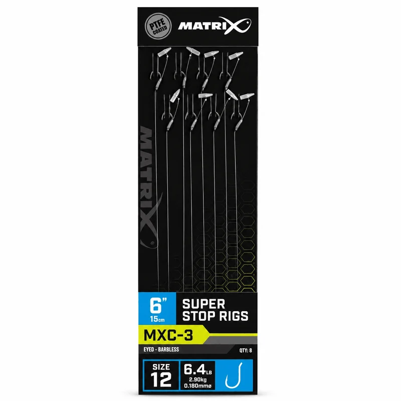 MXC-3 Super Stop Rigs Eyed Barbless 6" - Size 12 - 0.18mm – 15 cm Onderlijnen met Super Stop en zonder Weerhaak 🎁