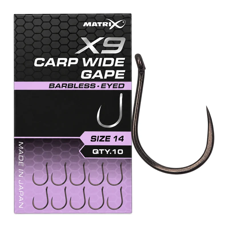 X9 Carp Wide Gape Barbless Eyed – Haak met Oog en zonder Weerhaak