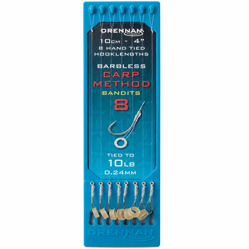 CARP METHOD BANDIT HOOK PLATE SYSTEM 4" – 10 cm Onderlijnen met Bait Band en zonder Weerhaak (8 stuks)