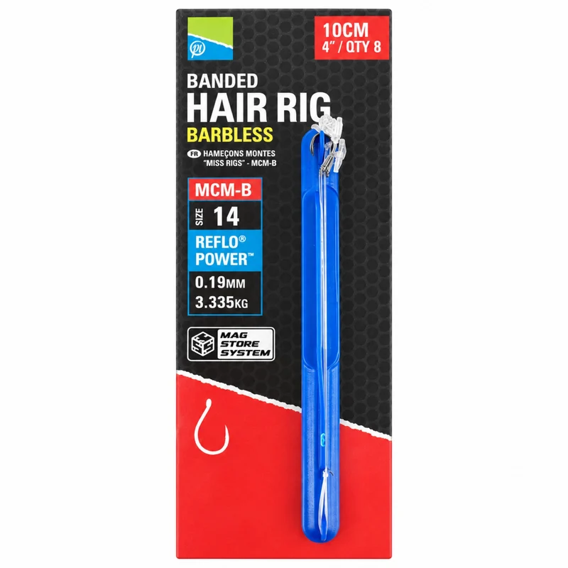 MCM-B Banded Hair Rig Barbless 4" – 10 cm Onderlijnen met Bait Band en zonder Weerhaak (8 stuks)