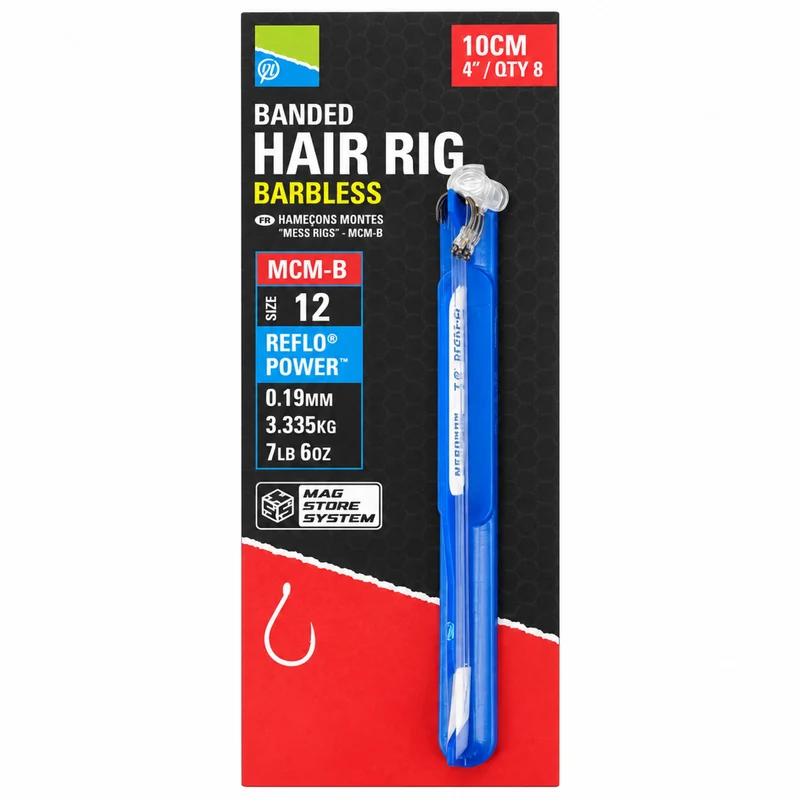 MCM-B Banded Hair Rig Barbless 4" – 10 cm Onderlijnen met Bait Band en zonder Weerhaak (8 stuks)
