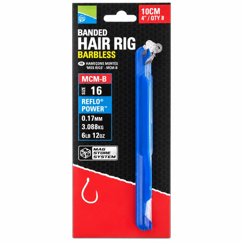 MCM-B Banded Hair Rig Barbless 4" – 10 cm Onderlijnen met Bait Band en zonder Weerhaak (8 stuks)