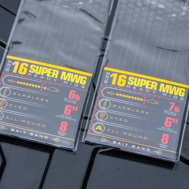 Super MWG Ready Rigs Bait Band Barbless 6" – 15 cm Onderlijnen met Bait Band en zonder Weerhaak