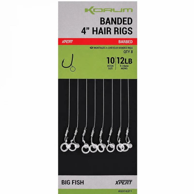 Banded Hair Rigs Barbed – 10 en 38 cm Onderlijnen met Bait Band en met Weerhaak