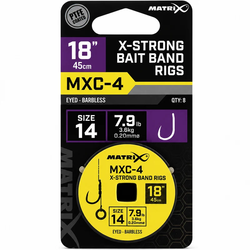 MXC-4 18" X-Strong Bait Band Rigs Eyed Barbless – 45 cm Onderlijnen met Bait Band en zonder Weerhaak