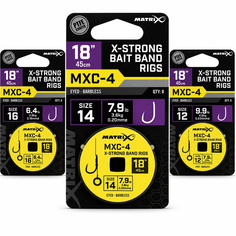 MXC-4 18" X-Strong Bait Band Rigs Eyed Barbless – 45 cm Onderlijnen met Bait Band en zonder Weerhaak