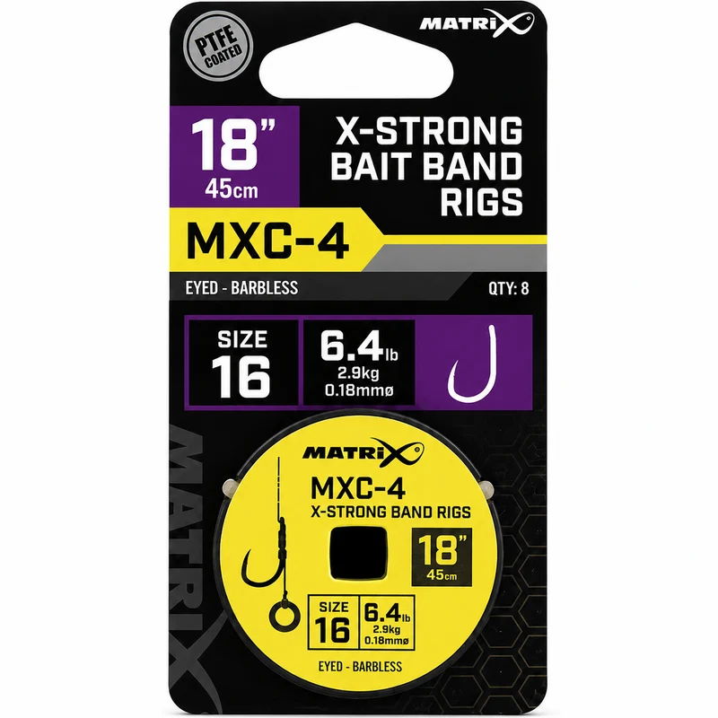 MXC-4 18" X-Strong Bait Band Rigs Eyed Barbless – 45 cm Onderlijnen met Bait Band en zonder Weerhaak