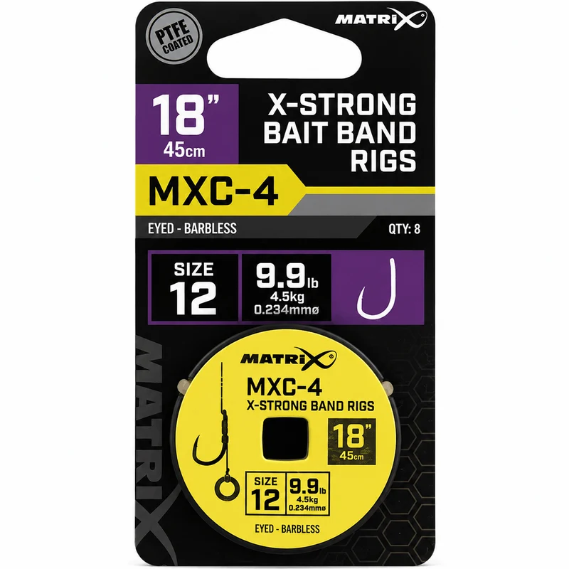 MXC-4 18" X-Strong Bait Band Rigs Eyed Barbless – 45 cm Onderlijnen met Bait Band en zonder Weerhaak