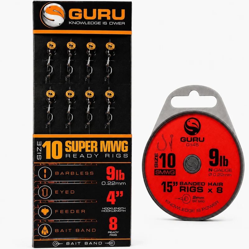 Super MWG Bait Band Ready Barbless Rigs 4" & 15" – 10 en 38 cm Onderlijnen met Bait Band en zonder Weerhaak