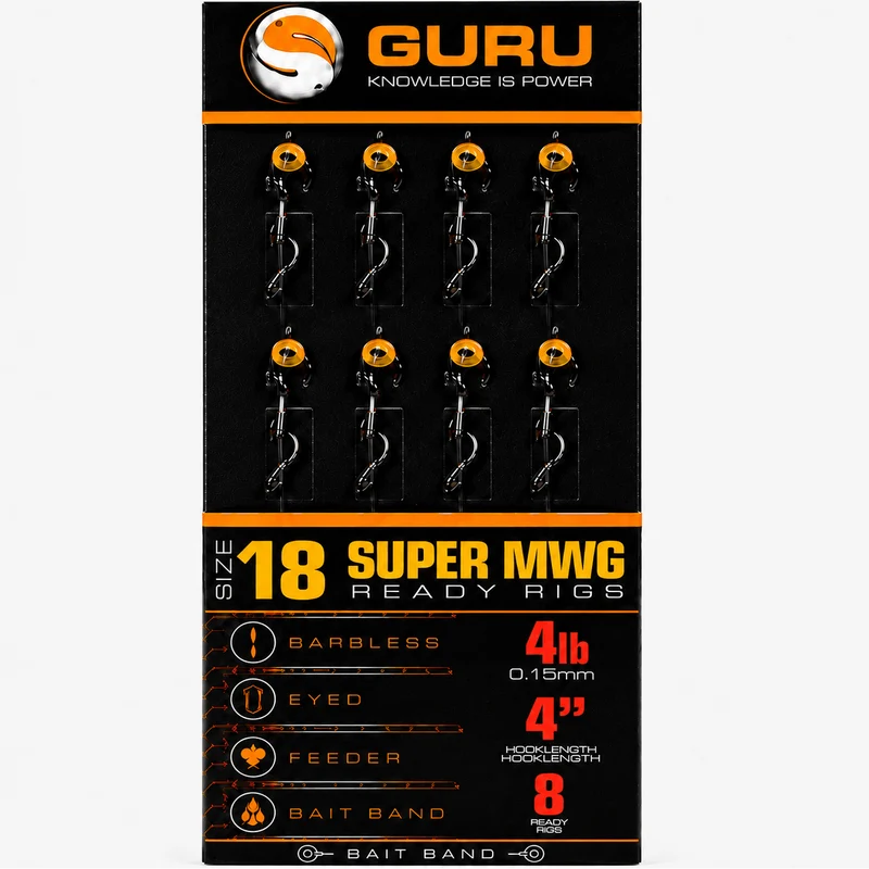 Super MWG Bait Band Ready Barbless Rigs 4" & 15" – 10 en 38 cm Onderlijnen met Bait Band en zonder Weerhaak